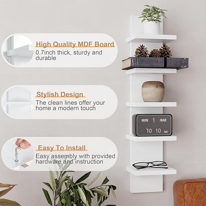 Fun Memories 5 Tier Wall Shelf Unit, White Floating Shelves for Storage - Vertical Column Tower Design, Lack Wall Shelf Space Saving Organizer for Bedroom, Living Room, Home Decor