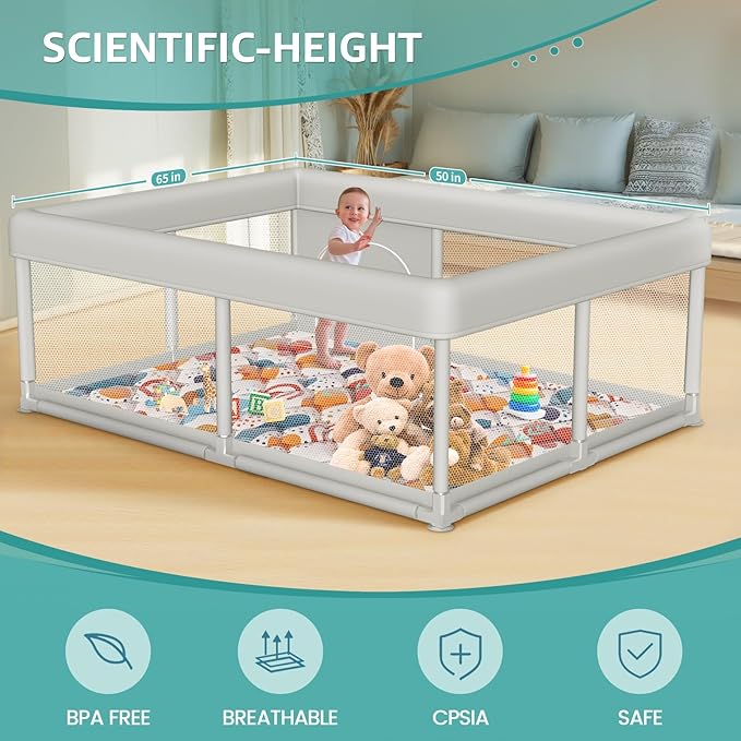 65 x 50 Inch Baby Playpen with Mat, PlayPen for Babies and Toddlers, Sturdy Safety Play Yard for Indoor & Outdoor with Zipper Gates