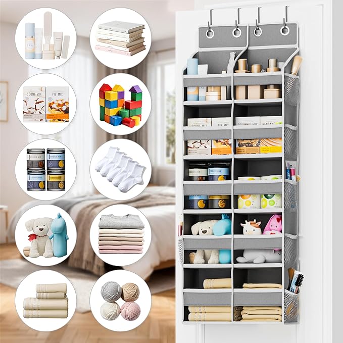 Abiglifty 5-Tier Over The Door Organizer with 10 Side Pockets, Large Behind The Door Storage, 4 Hooks Design, Door Organizer with Clear Windows for Bathroom, Bedroom, Nursery, Entryway(Grey)