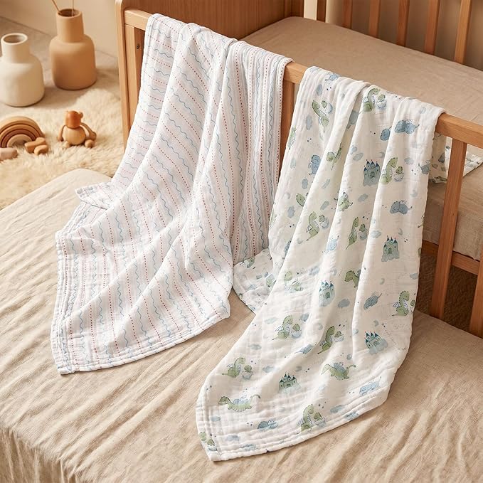 4-Pack Muslin Swaddle Blankets for Newborns | 100% Cotton Breathable Soft, Large 31.5"x43.3" | Multi-Use Stroller Sunshade Nursing Cover & Receiving Blanket, Blue Dinosaur