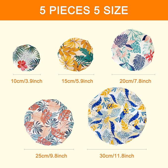 Double Layer Bowl Caps - Reusable Bowl Covers in Pack of 5 - Waterproof, Washable Lids for Leftover Food, Fruits and Snacks, Elastic Storage Wraps for Storage Containers