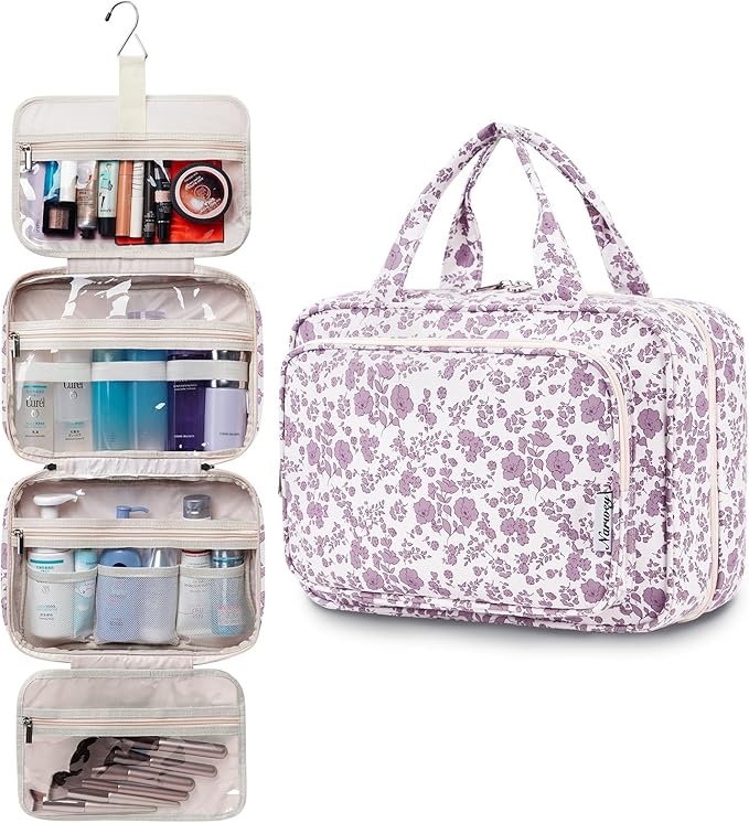 Narwey Travel Toiletry Bag for Women Large Hanging Makeup Bag Organizer Toiletries Bag for Full Size Essentials Accessories Cosmetics (Little Dusty Pink Flower (Large))