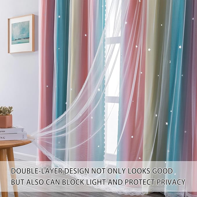 XiDi Blackout Curtains for Girls Bedroom Decor 2 Panels Set, Rainbow Star Design Ideal Drapes for Kids Room with Unicorn Theme Princess Room Decor 54 Inches Length Pink Blue Yellow 34x54