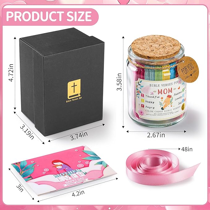 Bible Verse Jar for Mom, Bible Verses in A Jar for Emotional Support and Inspiration,Birthday & Mothers Day Gift for Mom,Christian Gift for Women, Prayer Cards With a Ribbon & Greeting Card