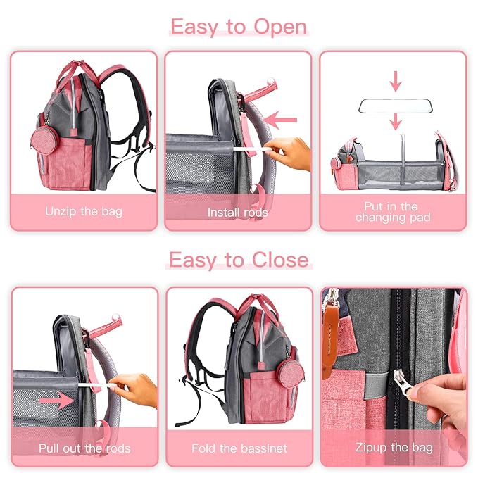 ISMGN Diaper Bag Backpack with Changing Station, Large Diaper Bag, Baby Bag, Multifunctional Diaper Bag, Pinkgray