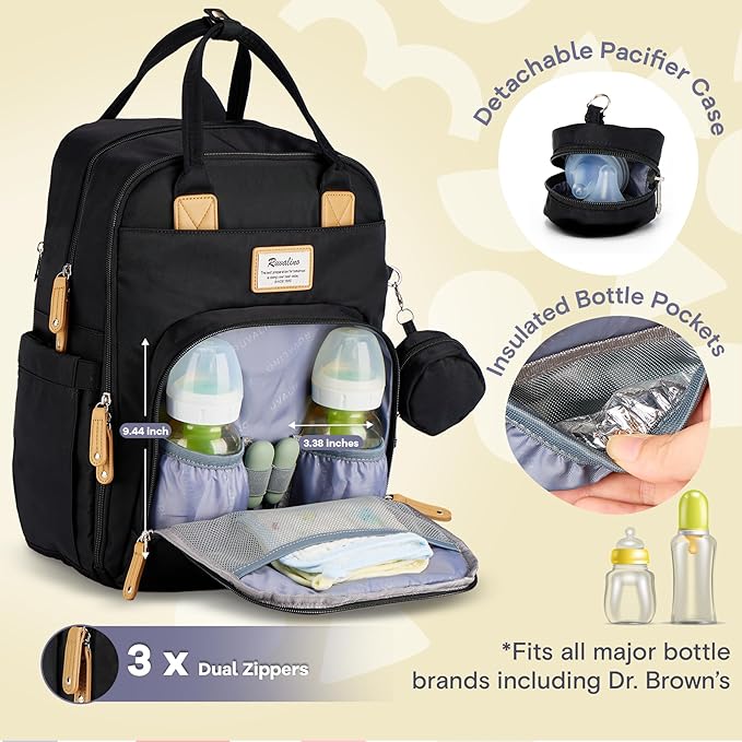 RUVALINO Diaper Bag Backpack, Multifunction Travel Pack Maternity Baby Changing Bags, Large Capacity, Waterproof, Black