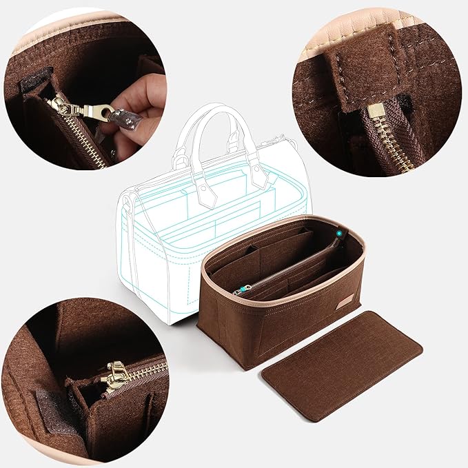 Doxo Purse Organizer Insert for Handbags & Base Shaper 2pc Set with Zipper, Felt Bag Organizer for Tote, Purse Organizer for LV Speedy 25/30/35 Neverfull MM Le Pliage L Tote Bag and More(Brown-L)