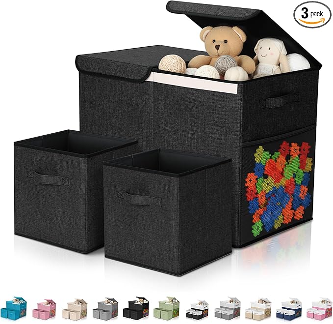 Fiwochic 3 Pack 23" Large Toy Storage Box with 11" Cubes Bins, Collapsible Toy Organizer Chest with Lids for Kids Nursery Playroom Bedroom Living Room Christmas Ornament Storage Box(Black)