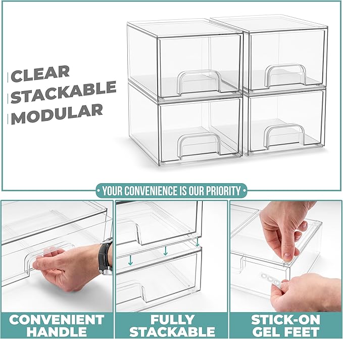 Sorbus Stackable Acrylic Storage Drawers, 8 Pack Clear Plastic Organizer Bins for Baby Bottles, Makeup, Bathroom, Vanity & Kitchen Countertop Organization, Pull-Out Drawer Design for Cabinets & Pantry