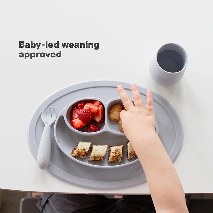 ezpz Mini Mat (Blush) - 6 -12 Months+ - 100% Silicone Suction Placemat + Divided Plate with Three Compartments - Supports Baby-Led Weaning - Designed for Highchair, Table, and Travel