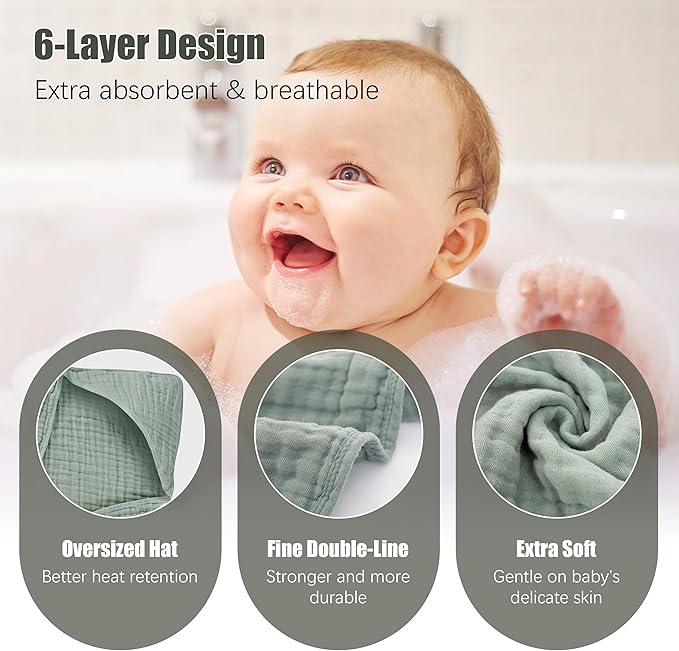 Spotted Play 2 Pack Hooded Baby Towels - 100% Muslin Cotton for Newborns, Infants, Toddlers - Large 32x32Inch Size - Highly Absorbent and Essential for Newborn Care, Green and Grey