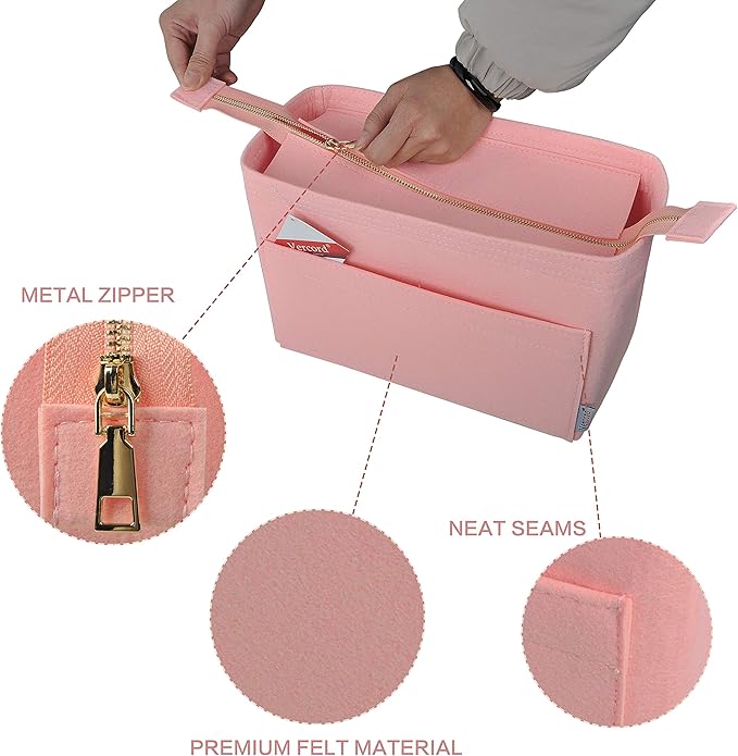 Vercord Felt Zipper Handbag Tote Purse Duffel Backpack Organizer Insert Pale Pink Small