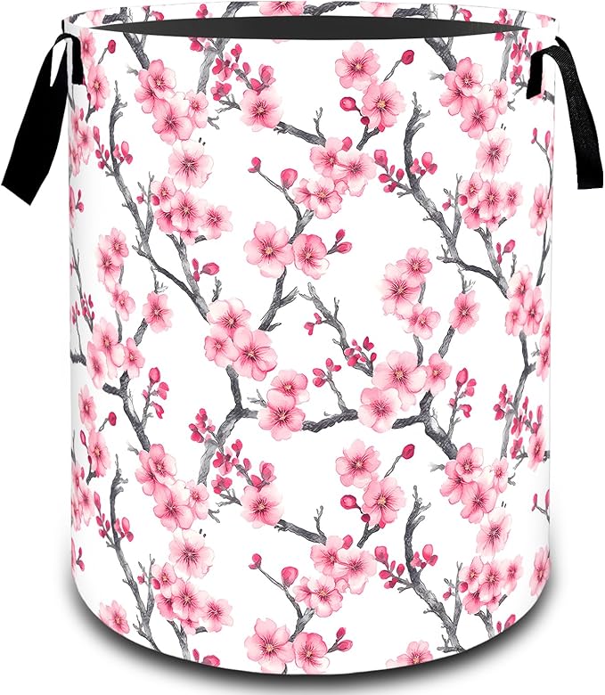 VODRM Cherry Blossom Floral Branch Laundry Basket, Dirty Collapsible Clothes Toy Organizer Hamper for Kids Adults, Oxford Cloth Waterproof Storage Bin for Bathroom Home Decor Gifts, 19.7"X15.7"