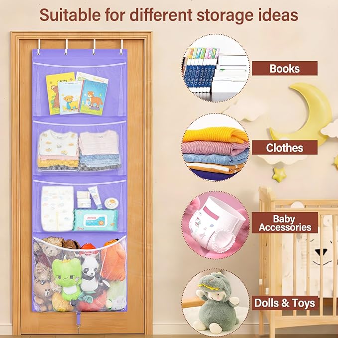Woodoulogy Hanging Stuffed Animal Storage, Over Door Large Plush Toy Organizer with Metal Hook, Baby Accessory Holder Idea for Nursery, Doll & Bear Mesh Hammock Bag for Girl Boy Kid Room