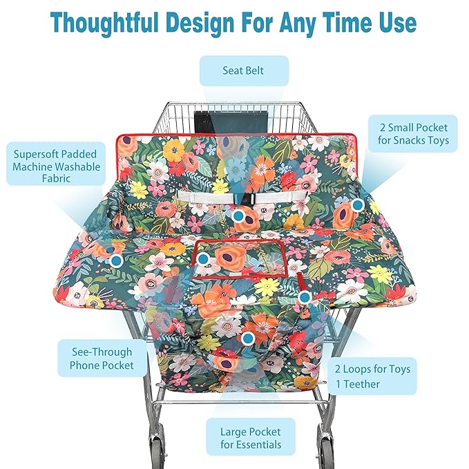 Shopping Cart Cover for Baby,2-in-1 High Chair Cover Soft,Portable, and Machine Washable,Comfortable Cotton Seat Pad with Safety Harness and Portable Cloth Bag,Fits All Supermarkets and Restaurants