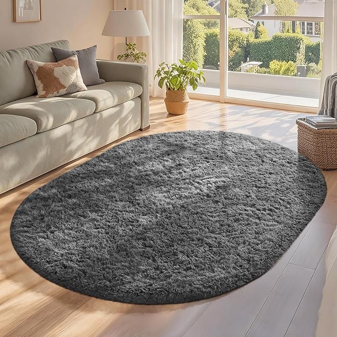 Ophanie 4x6 Grey Oval Rugs for Bedroom Living Room, Fluffy Fuzzy Furry Carpet, Plush Soft Shaggy Bedside Indoor Floor Area Rug for Kids Girls Boys Baby Teen Dorm Nursery Home Decor Aesthetic