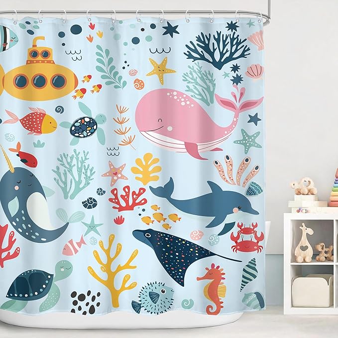 Blue Kids Shower Curtain 72Wx72H Kid Ocean Whale Funny Cartoon Cute Fish Sea Animal Underwater Baby Boy Girl Bathroom Decor Nursery Submarine Coastal Bath Curtain Fabric Polyester 12 Pack Hooks