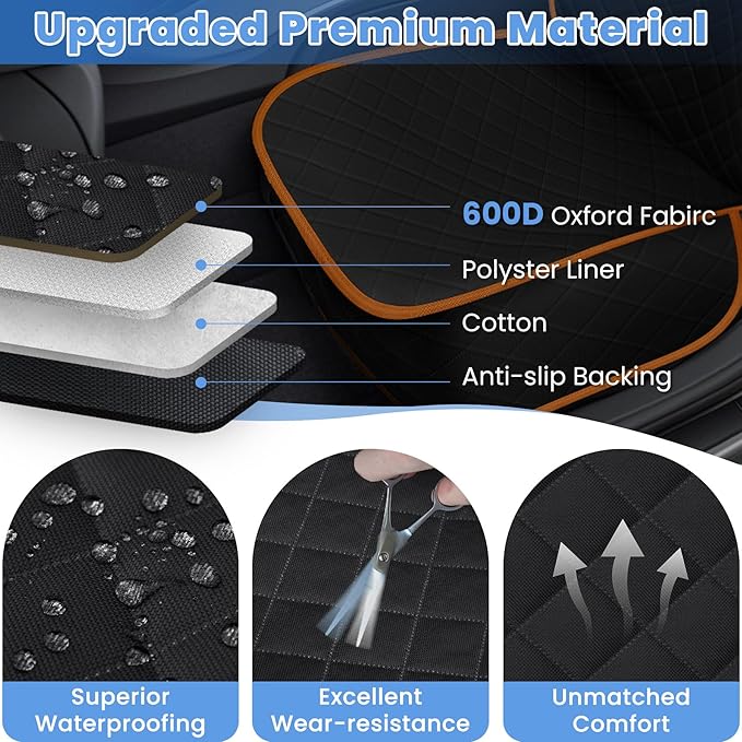 ELONGRIVER Dog Car Seat Covers, Waterproof Front Seat Cover for Dogs, Scratch-Proof, Nonslip Pet Passenger Seat Cover Protector, Universal Fit for Cars Trucks SUVs, Large Size, Black with Orange