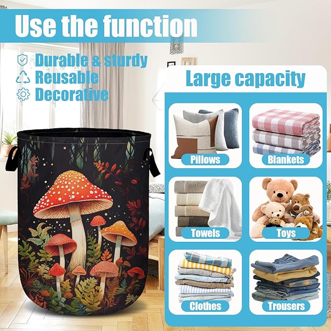 Mushrooms Forest Laundry Basket, Laundry Hamper Collapsible Oxford Cloth with Handle Clothes Toy Storage Bin for Bathroom Laundry Room Bedroom 15.7 X 20 Inch