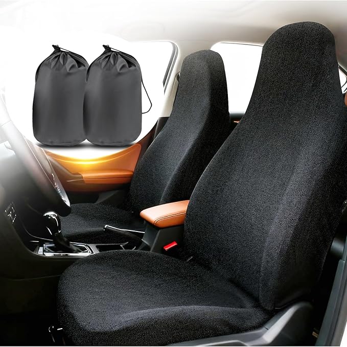 Universal Car Seat Cover Towel, Waterproof Washable Sweat Protection for Front Bucket Seats, Non-Slip Fit, Fits Cars SUVs Trucks, Ideal for Gym, Kids, Pets, Outdoor Sports, Travel (Black, 2 Pack)