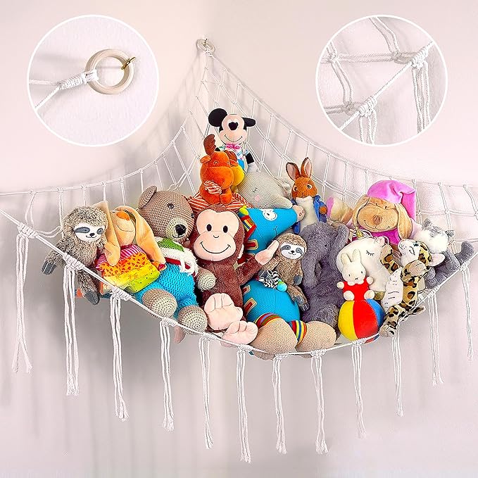 ABBY BABY Large Stuffed Animal Hammock Corner - Stuffed Animal Storage - 100% Natural Cotton Macrame Stuffed Animal Net - Stuff Animal Organizer - Net For Stuffed Animals Corner Large-Beige
