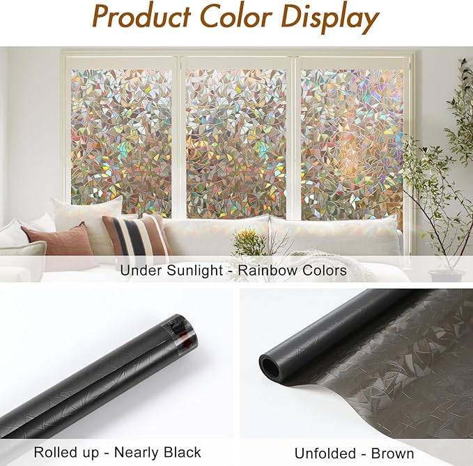 Haton Window Privacy Film, Stained Glass Rainbow Film Decorative Window Clings, Static Cling Sun Blocking Sticker Decal Covering Tint for Home Heat Control, Non-Adhesive, Brown 17.5" x 78.7"