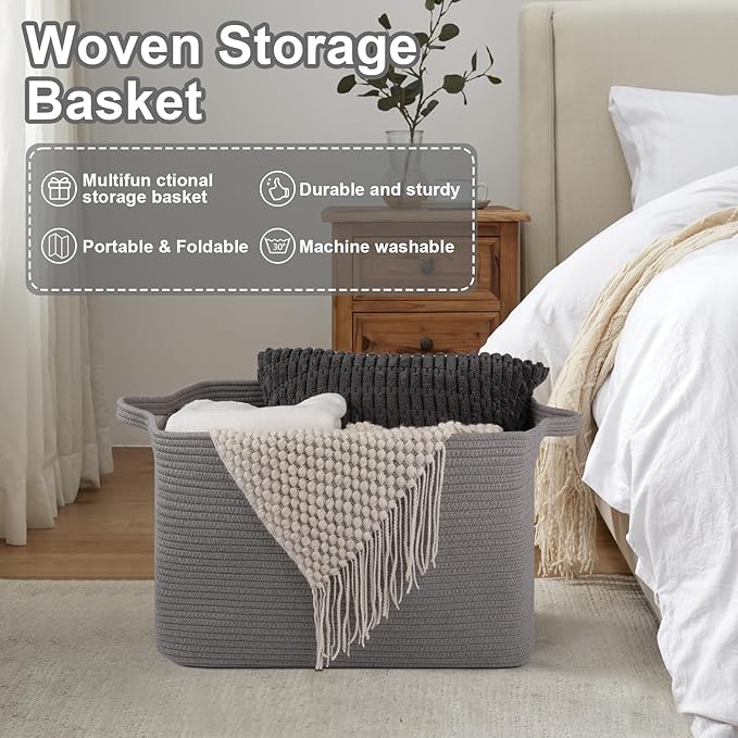 OIASKET Large Blanket Basket, Blanket Storage Living Room, Rectangle Woven Baskets for Storage Toys, Towels, Dirty Clothes Organizer Bins (Light Grey)
