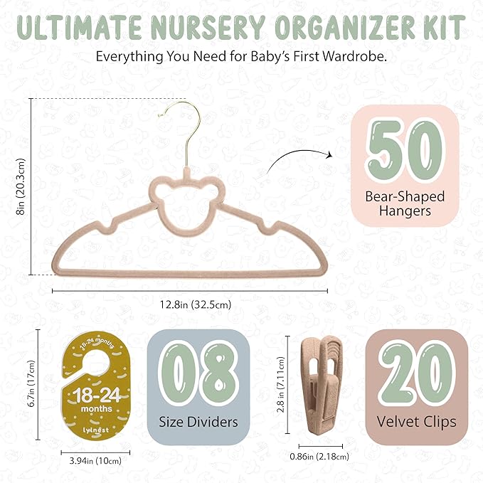 Velvet Baby Hangers with Clips – Organize Baby Clothes by Age with Size Dividers – Save Closet Space for Newborn to Toddler Outfits – Perfect Nursery Must-Have (Dune)