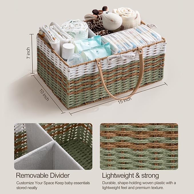 HBlife Large Baby Diaper Caddy Organizer, Paper Rope Storage Baskets Nursery Bin with Removable Divider, Portable Car Organizer for Diapers, Baby Shower Gifts, Newborn Essentials Must Haves