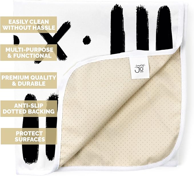 JumpOff Jo - Large Baby Splat Mat for Under High Chair, Booster Seat, Tabletop, Food Catcher - Protect Floor and Carpet from Spills & Crafts - Waterproof and Washable - 51 x 51 inches - Black & White