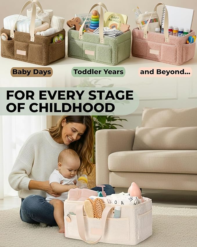 Toodly Baby Diaper Caddy Organizer with Portable Changing Mat - Teddy Fleece Diaper Organizer for Changing Table - Basket for Changing Essentials - Baby Essentials Organizer with Removable Dividers