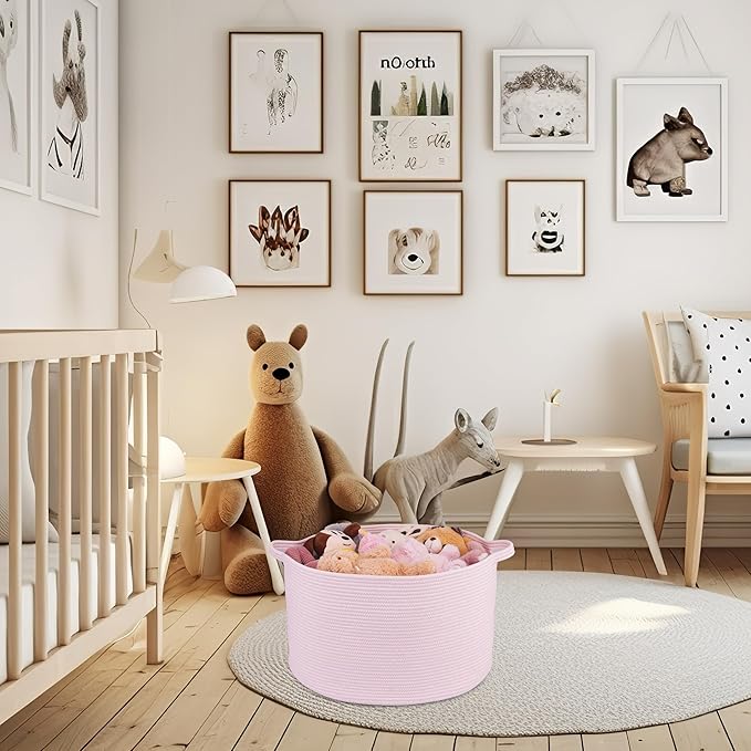 XUANGUO Large Cotton Rope Basket Blankets Basket Living Room 22"x14" Toy Baskets for Kids and Dogs Rope Storage Baskets for Nursery Woven Laundry Baskets for Clothes Towels Baby Toy Storage Round pink