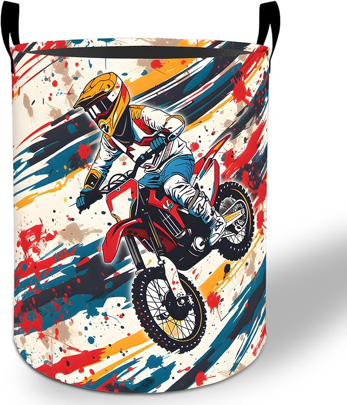 Dirt Bike Laundry Basket Hamper 19.7"x15.8", Motocross Sport Foldable Waterproof Oxford Clothes Storage Bucket for Room Bathroom Bedroom Nursery Decor, Toy Organizer Bins Gifts for Kids Boys Girls