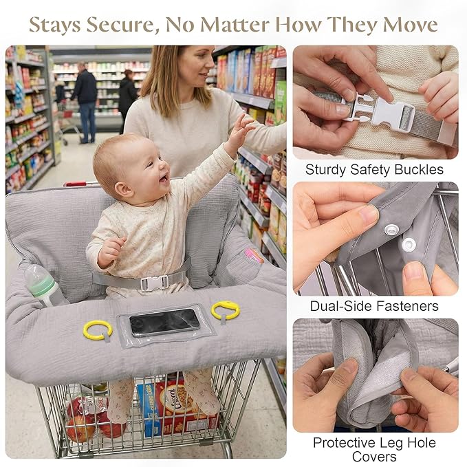 Muslin Shopping Cart Cover for Baby Soft & Breathable High Chair Covers for Restaurant Seat Grocery Cart Cover with Storage Pocket Machine Washable for Infant Toddler Boy Girl, Summer Wheat