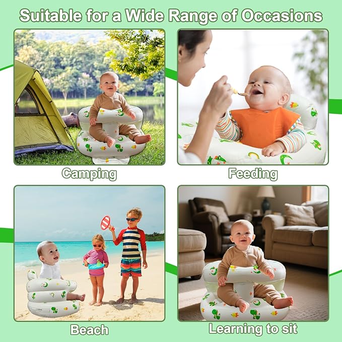 Inflatable Baby Seat for Babies 3-36 Months, Baby Chair with Fence & Built in Air Pump, Blow Up Floor Seat with Back Support, Inflatable Infant Chair Sit Me Up for Home, Travel Green Dinosaur