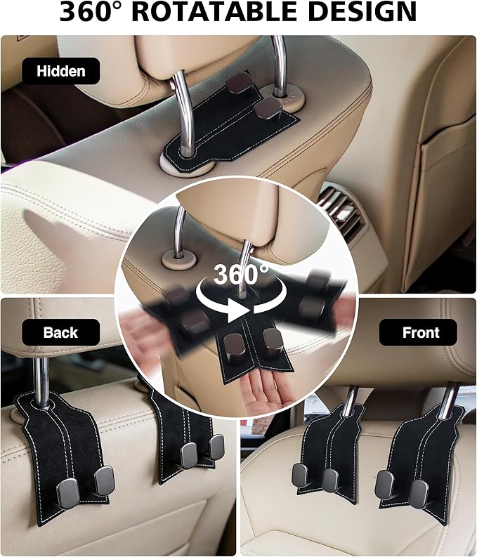 Purse Hook for Car, Car Hooks for Seat Headrest Metal & Premium Leather 2026 Latest, Auto Headrest Hanger Organizer Accessories for Purses and Bags, 2 Pack Black