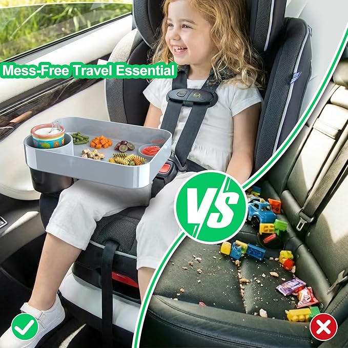 (2 Pack) Car Seat Tray for Kids Travel, Carseat Tray for Food Toddler, Car Seat Table Tray, Car Seat Cup Holder Snack Tray for Graco, Evenflo, Chicco, Rotatable Removable Road Trip Essentials-Gray