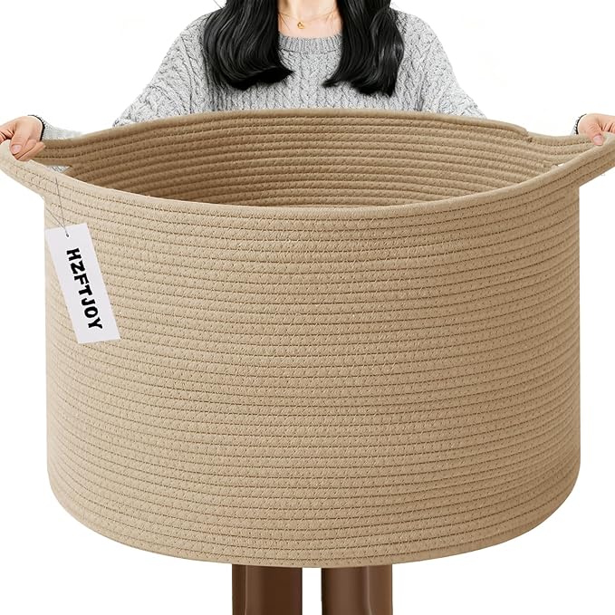 Large Storage Basket with Handle,23.6" x 23.6" x 15.7" Blanket Basket Storage Bins for Organizing,115L Cotton Rope Woven Baskets for Living Room, Nursery,Bedroom,Camel