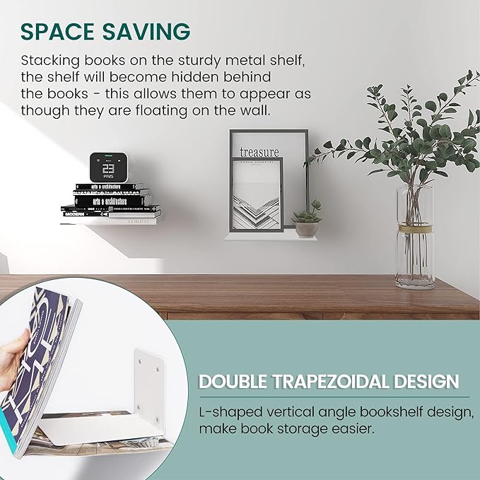 STORAGE MANIAC Floating Book Shelves for Wall Mounted Invisible Floating Bookshelves Heavy-Duty Steel Hidden Bookshelf Hanging Bookshelves for Bedroom Living Room Office, White 3-Pack Extra Large
