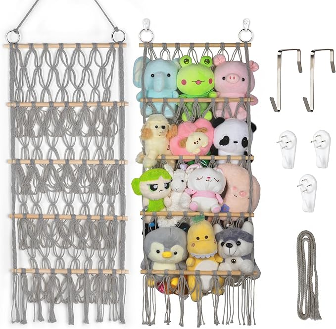 42 Cm Wide Gray Over The Door Macrame Organizer—Plush Toy Storage Net, Ideal For Plush Toys And Dolls/Easy-To-Install Stuffed Animal Hammock
