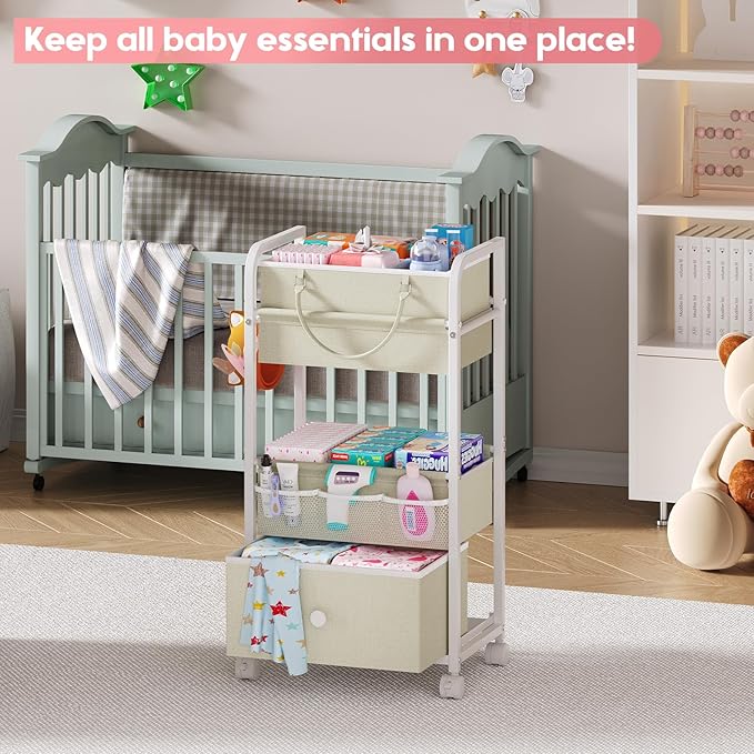 2In1 Baby Diaper Caddy Organizer and Storage, 3 Tier Rolling Cart with Drawer, Detachable Dividers, Mobile Utility Cart Baby Dresser Clothes Organizer for Crib, Bedroom, Art & Craft Storage