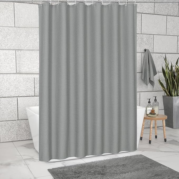 MitoVilla Extra Long Waffle Shower Curtain 72 x 84, Grey Farmhouse Fabric 84 inch Shower Curtain, XL Shower Curtains for Bathroom Decor, Luxury Weighted Shower Curtain 84 inch