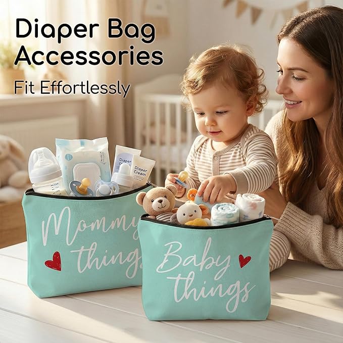 Mommy and Baby Matching Pouch Set, Mommy Things and Baby Things Bags, Gifts for New Moms Expecting Moms, Matching Travel Cases, Green Set of 2