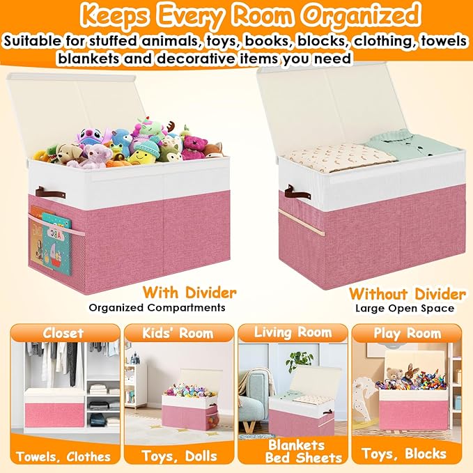 Fineonly Large Toy Storage Box with Lid Upgraded Toy Storage Chest Organizer with Divider Foldable Toy Bin for Kids Boys Girls Playroom Nursery Bedroom (25"x13"x16")