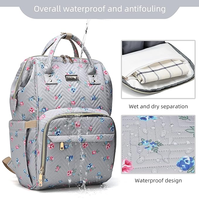 GAIVP Diaper Bag Backpack for Women, Baby Bags for Girls,Diaper Bag with Changing Pad, and Insulated Pockets-Grey Flowers