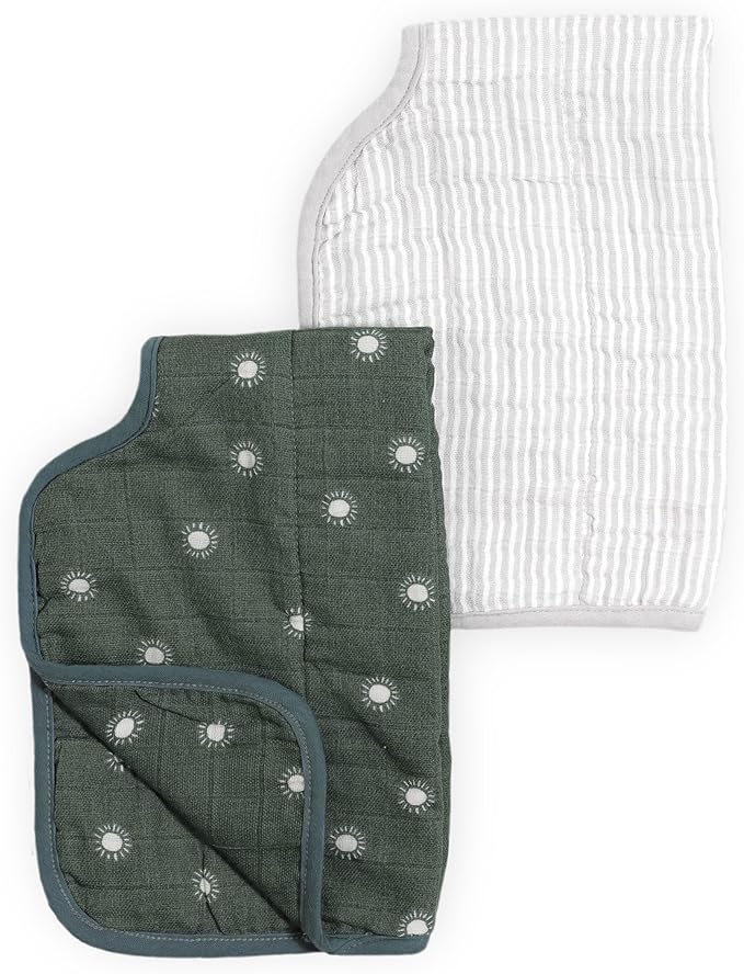 Little Unicorn 100% Certified Natural Organic Cotton Burp Cloth 2 Pack | Ultra-Absorbent & Soft Muslin Fabric | Larger Size & Ergonomic Design (Sage Suns + Sand Stripe)