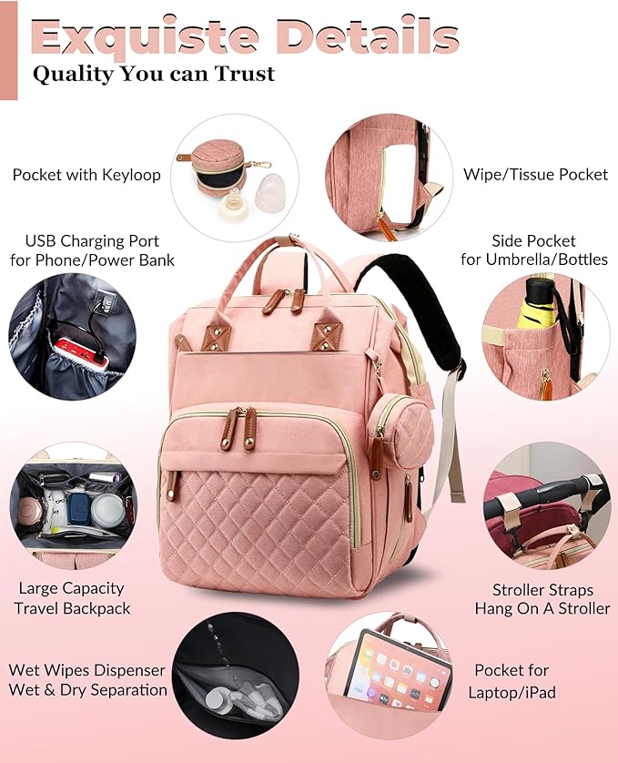 Lamroro Diaper Bag with Changing Station, Waterproof 3 in 1 Baby Diaper Backpack with Foldable Changing Pad, Large Travel Back Pack for Baby Girl Boy, Peach Pink