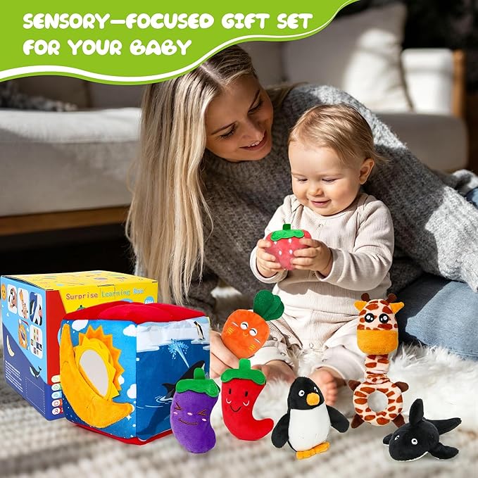Baby Box Toy - Baby Toys 6-12 Months Montessori Toys for 6 Month Old with Animals, Fruits, Balls, Squeaky Sounds, Mirror, Gifts for Babies
