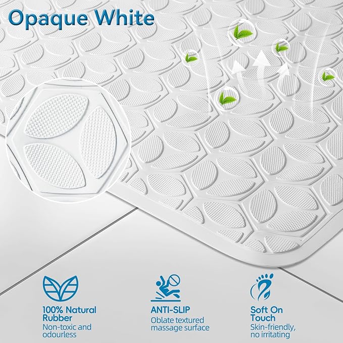 Bathtub Mat Non Slip with Suction Cups - 100% Rubber Bathroom Mat Textured for Bath Tub Shower Safety - Soft on Touch - BPA/PVC Free - Pet Dog Bath Mat - Machine Washable - 16 × 28 Inch（White）