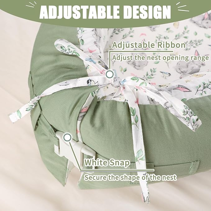 Jundetye Baby Lounger Cover for Boys Girls, Reversible Baby Nest Cover, Adjustable Baby Lounger Replaceable Cover for Infant Newborn, Portable and Machine Washable, Cotton Green Rabbit Cover